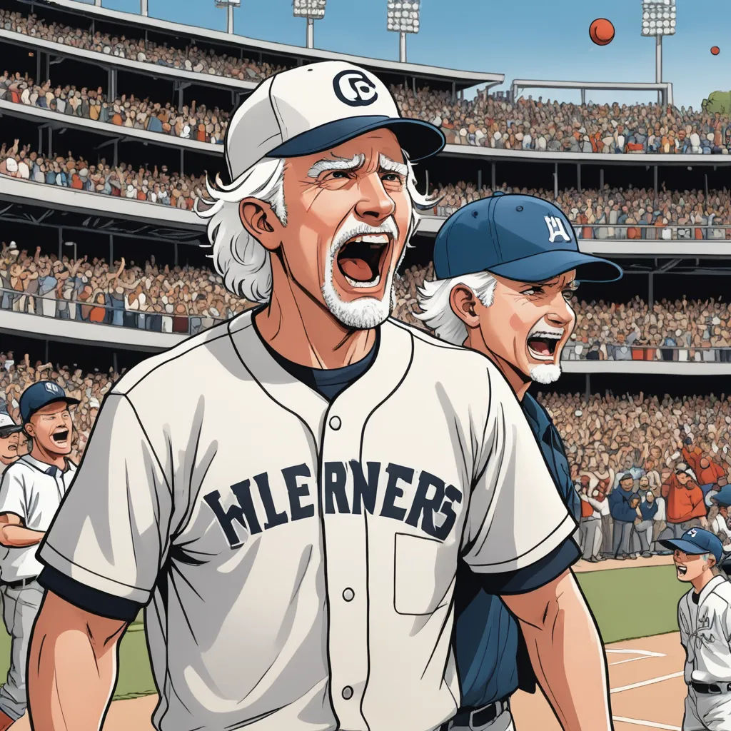 a cartoon of a baseball player and a man laughing in front of a crowd of people in a stadium, hyperrealism, a storybook illustration, Brothers Hildebrandt, highly detailed digital painting