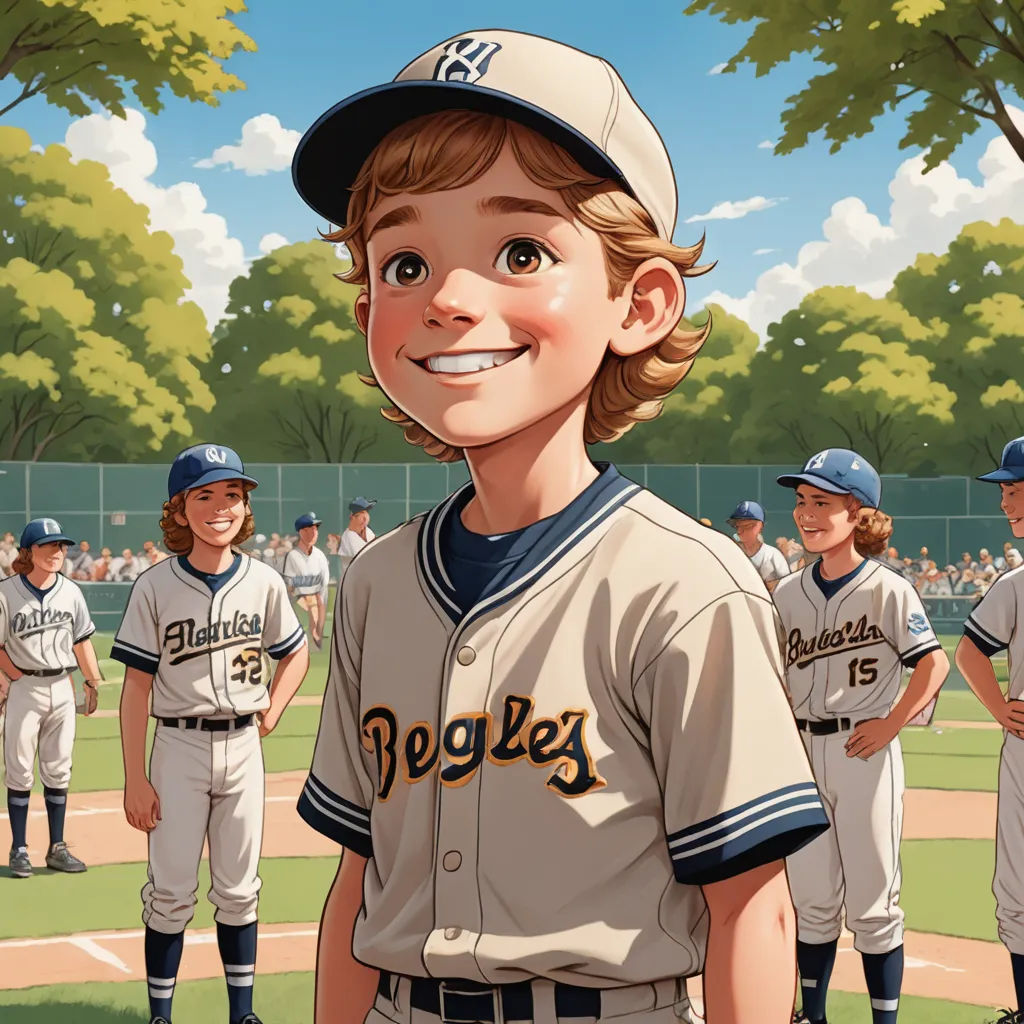 a boy in a baseball uniform standing in front of a group of other boys in uniform on a baseball field, american realism, a storybook illustration, Aaron Jasinski, official art