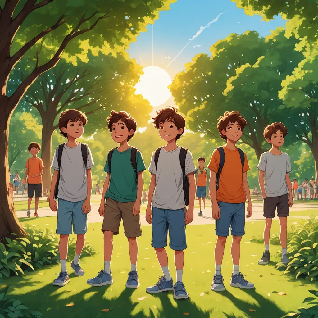 a group of young boys standing next to each other in a park under a tree filled sky with the sun shining through the trees, rayonism, a storybook illustration, disney, rossdraws global illumination