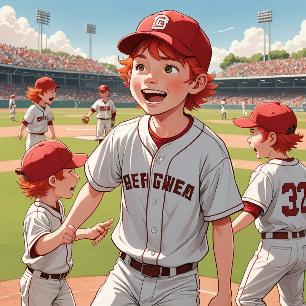 a cartoon of a boy with red hair and a baseball uniform on, standing in a baseball field with other boys, hyperrealism, a storybook illustration, Brothers Hildebrandt, official art