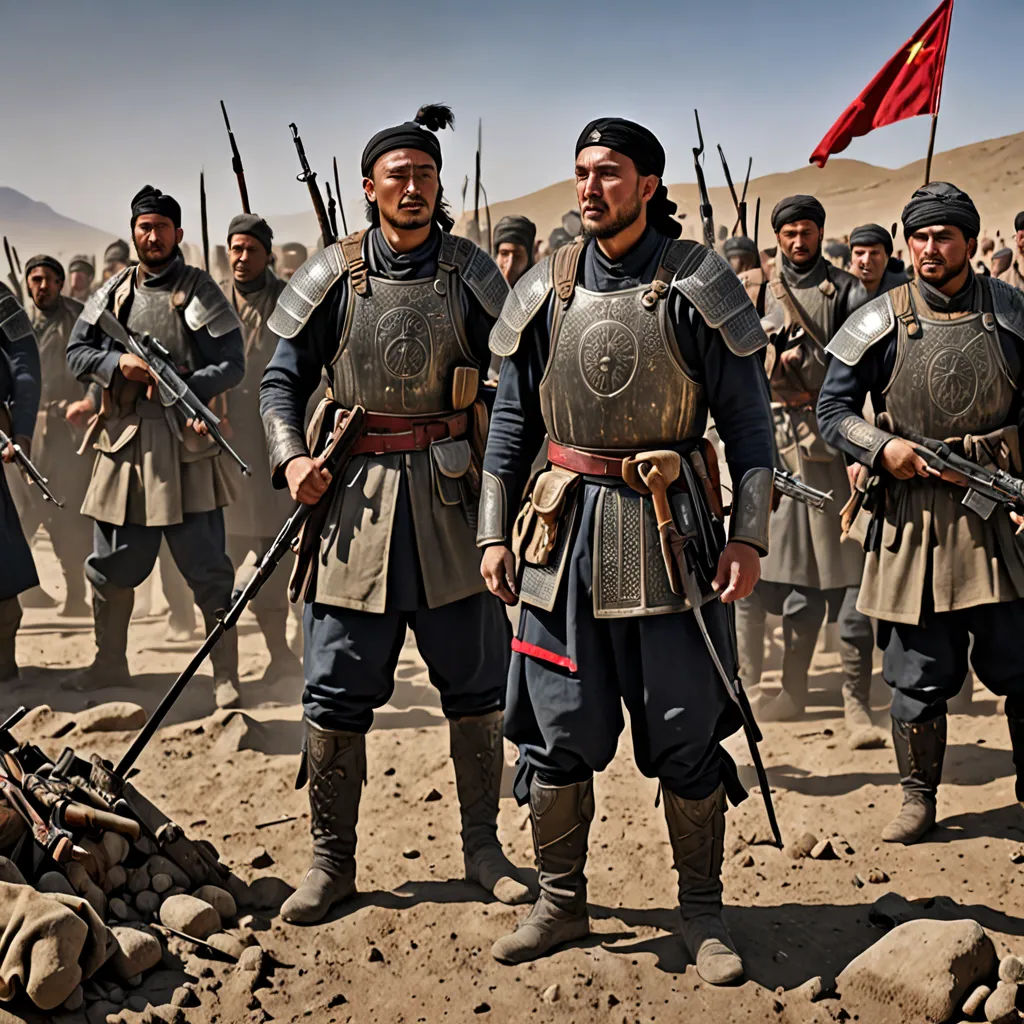 a group of men in armor standing in the desert with guns and a flag in the background, with a group of men in full uniform, dau-al-set, a poster, Dai Jin, movie still