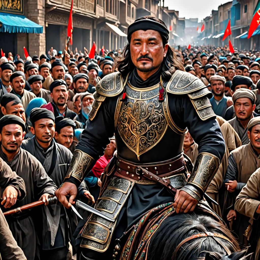 a man in a costume riding on a horse in a crowd of people in a city street with flags, dau-al-set, a character portrait, Emperor Huizong of Song, movie still