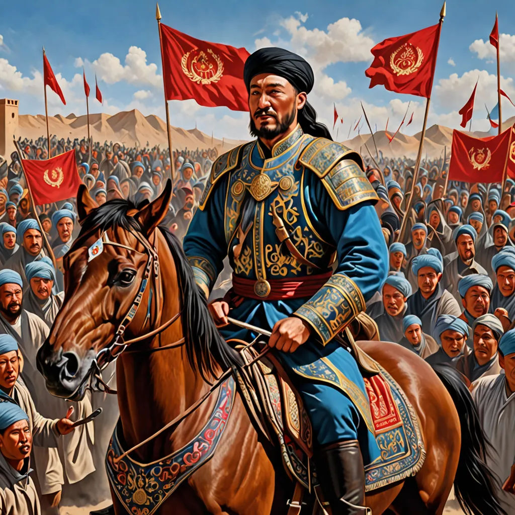 a painting of a man riding a horse in front of a crowd of people with flags on their heads, dau-al-set, a detailed painting, Emperor Huizong of Song, orientalism