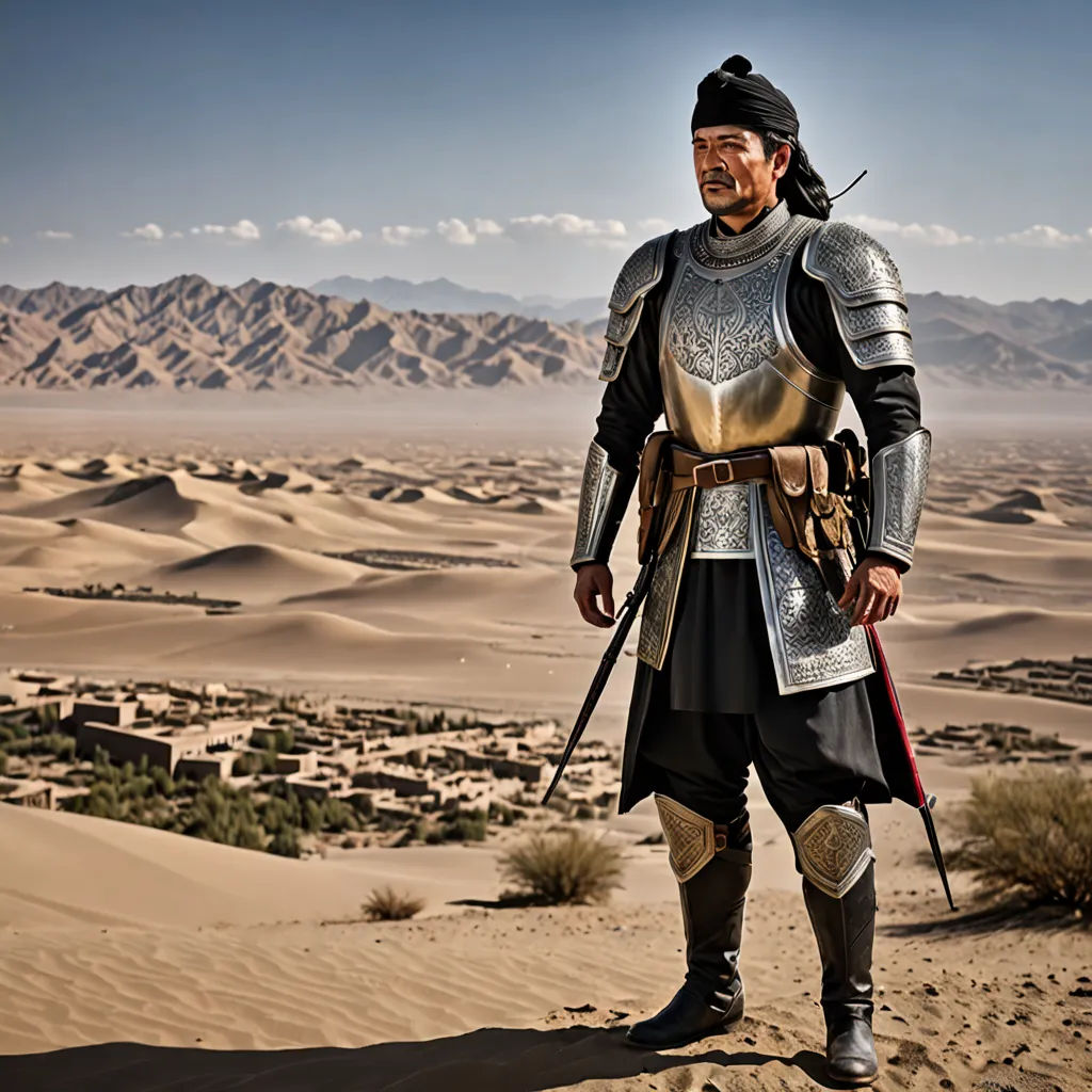 a man in a suit of armor standing in the desert with a sword in his hand and a desert landscape in the background, dau-al-set, a character portrait, Amir Zand, promotional image
