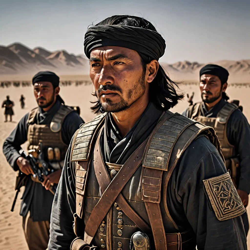 a group of men in desert like outfits and hats with guns in their hands and a desert landscape in the background, dau-al-set, a character portrait, Amir Zand, orientalism
