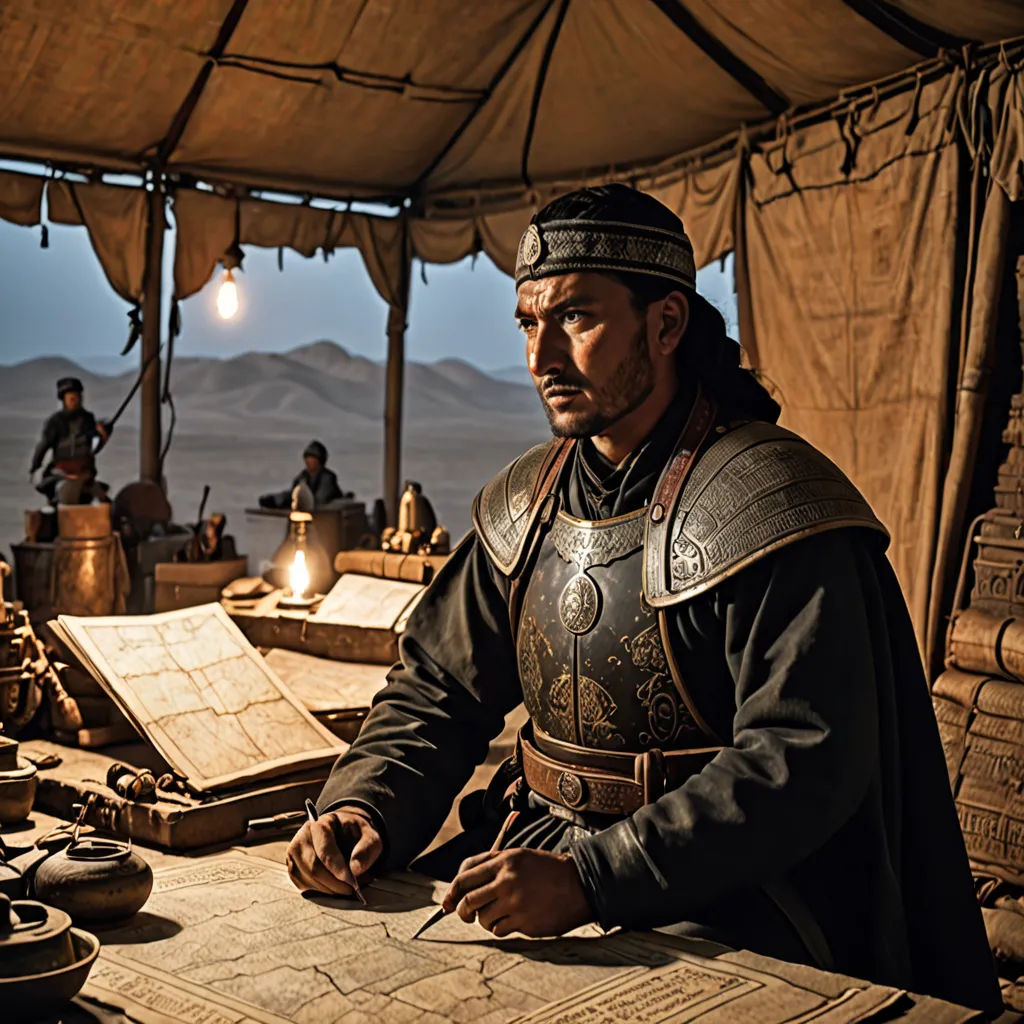 a man in a medieval costume writing on a piece of paper with a sword in his hand and a group of men in the background, dau-al-set, a detailed matte painting, Emperor Huizong of Song, promotional image