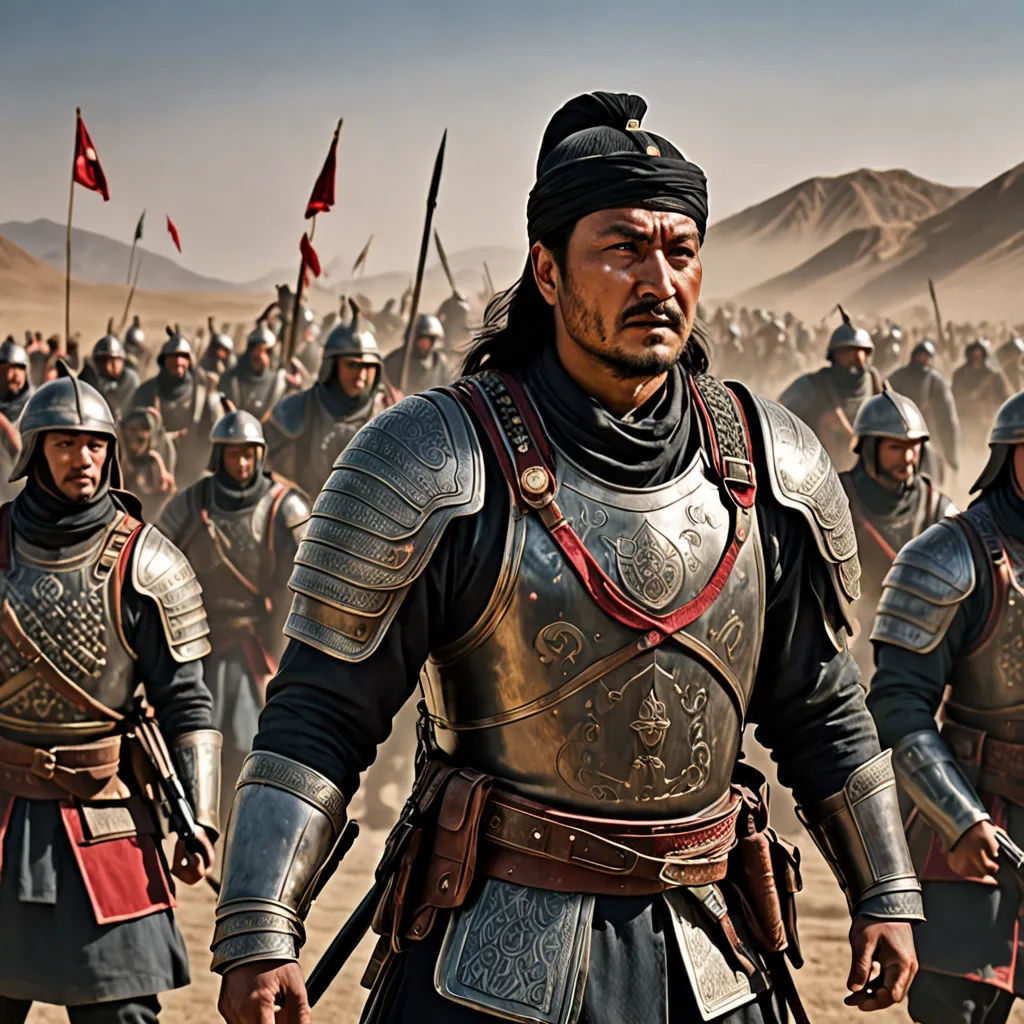 a group of men in armor standing in a field with flags and mountains in the background, with a sky background, dau-al-set, a poster, Dai Jin, movie still