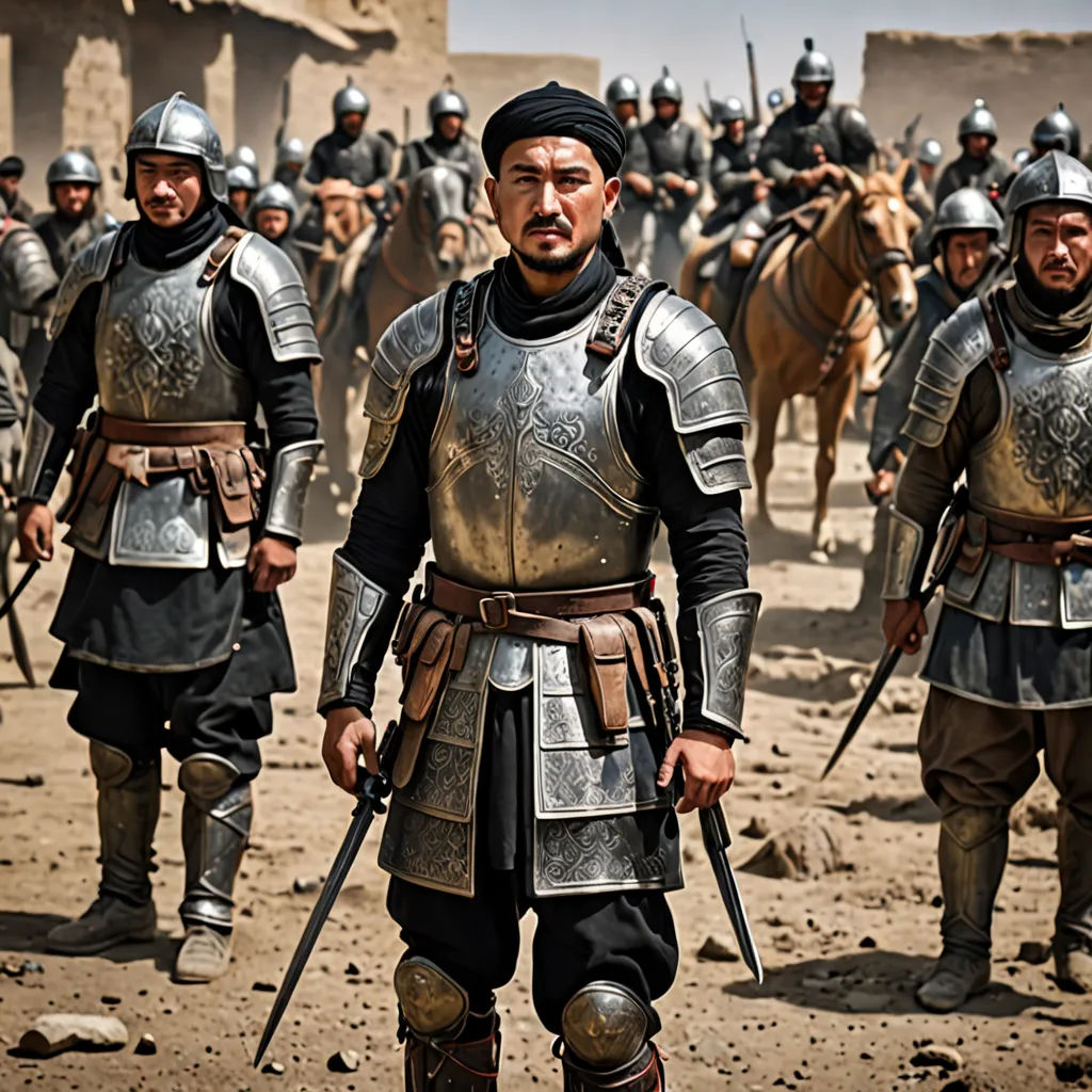 a group of men in armor walking across a dirt field with horses behind them and a man in a black hat, dau-al-set, a character portrait, Altoon Sultan, movie still