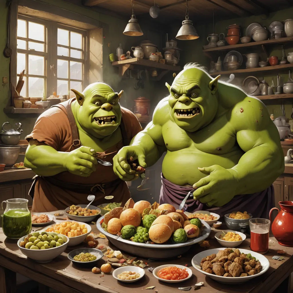 two cartoon characters are eating a meal together in a kitchen with a table full of food and a large pot, fantasy art, a detailed matte painting, Alex Horley, magic the gathering artwork