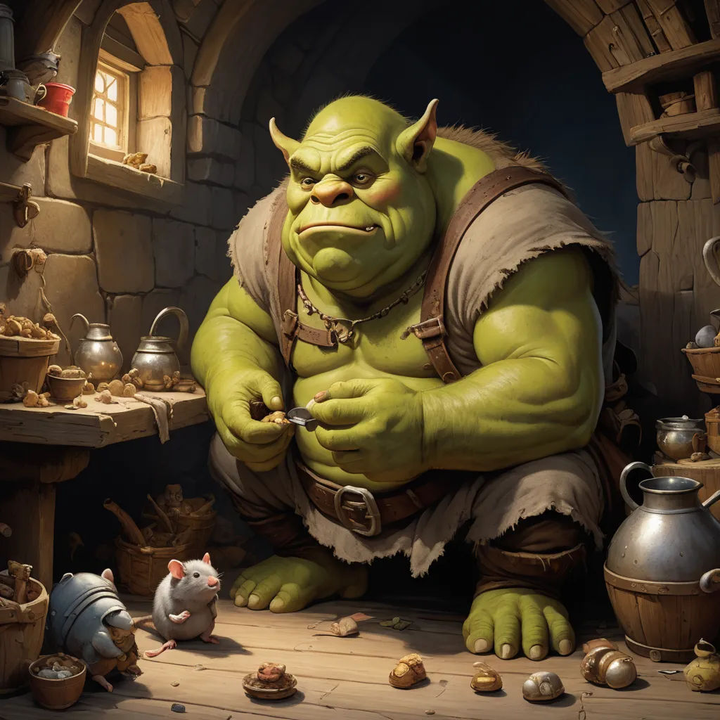 a cartoon character is standing in a room with a mouse and other items around him and a mouse is sitting on the floor, fantasy art, a storybook illustration, Alex Horley, magic the gathering artwork