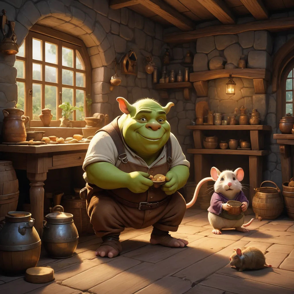 a cartoon character is standing next to a mouse in a kitchen with a stone wall and a stone floor, fantasy art, a storybook illustration, Chris LaBrooy, hearthstone