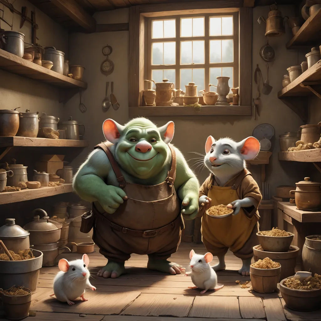 a couple of mice standing next to each other in a kitchen with a window and shelves full of food, fantasy art, a detailed matte painting, David Teniers III, cgstudio
