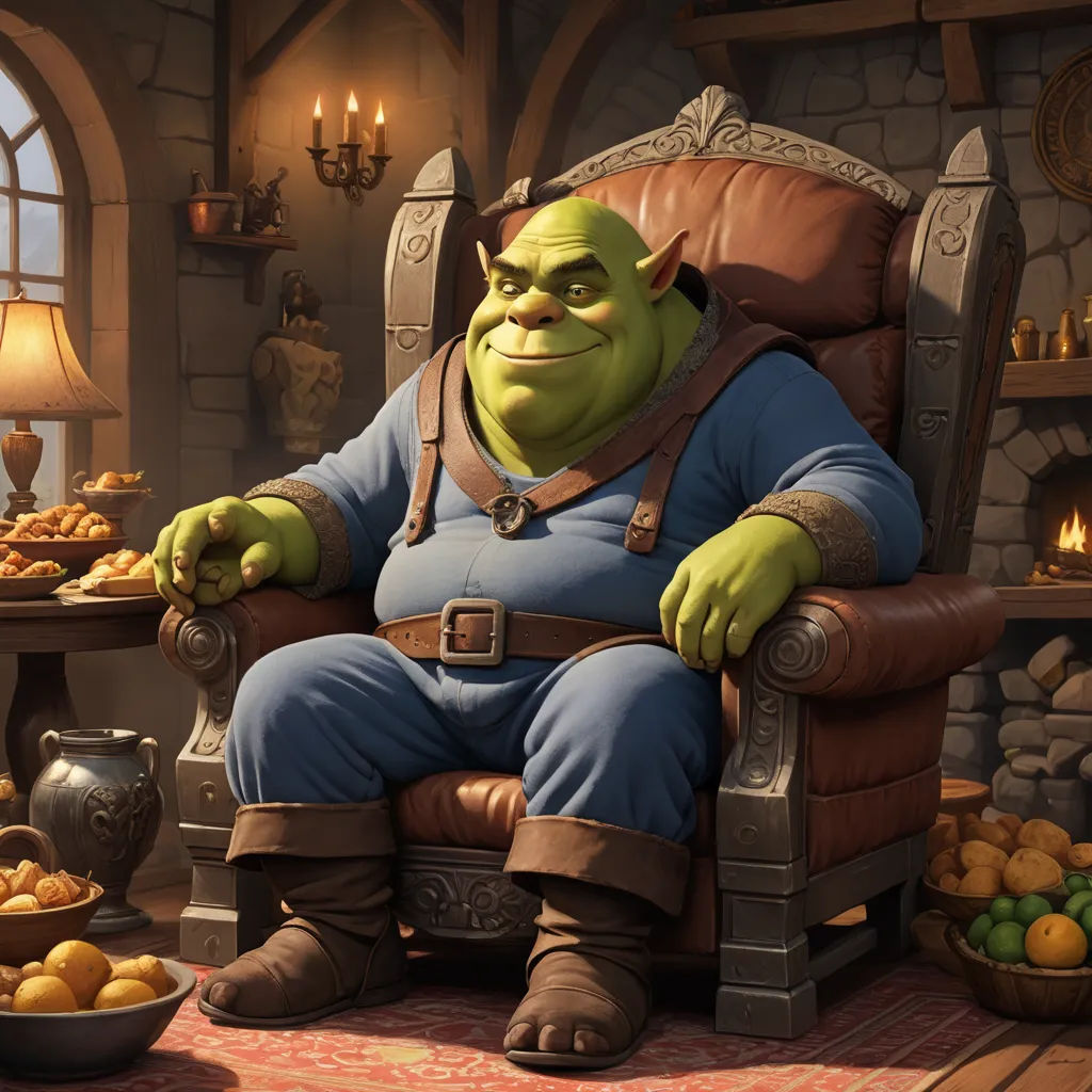 a cartoon character sitting in a chair with a bowl of fruit in front of him and a bowl of oranges in the background, fantasy art, a storybook illustration, Chris LaBrooy, unreal engine 5 highly rendered
