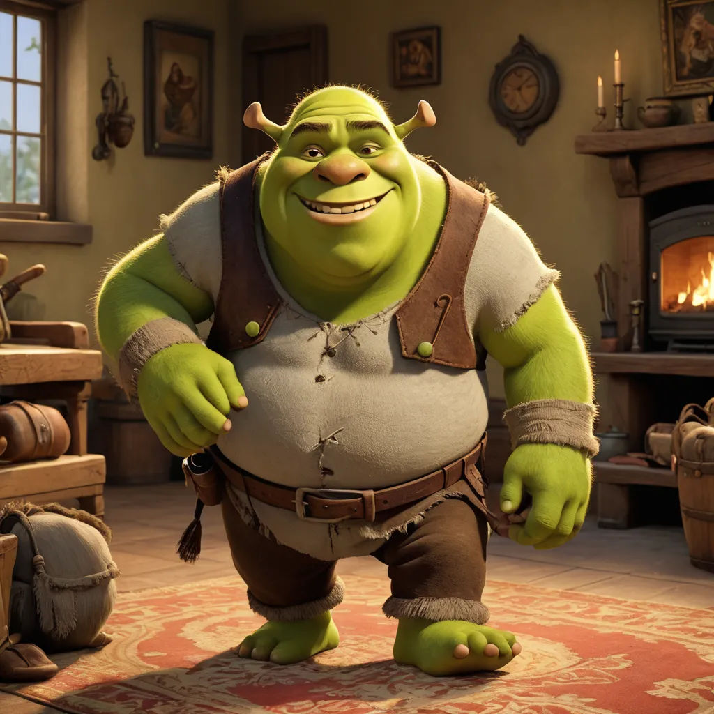 a cartoon character standing in a living room with a fireplace in the background and a rug on the floor, furry art, a character portrait, Daryush Shokof, unreal engine 5 quality render