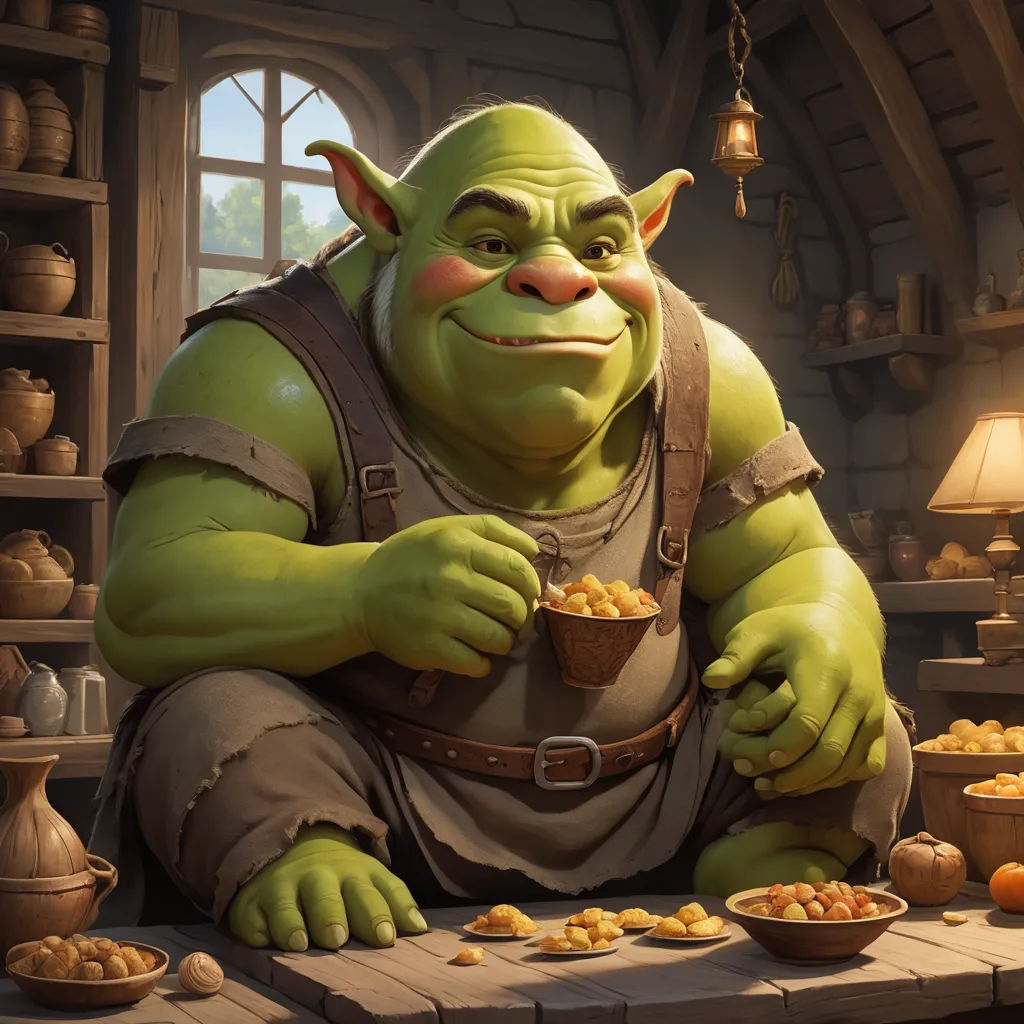 a cartoon character is eating cereal from a bowl and looking at the camera man in the background is a shelf full of pumpkins, fantasy art, a fine art painting, Alex Horley-Orlandelli, hearthstone