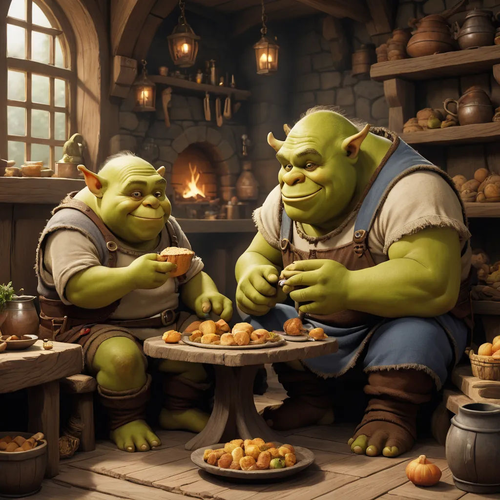 two cartoon characters sitting at a table eating food together, with a fireplace in the background and a potted plant in the foreground, fantasy art, a storybook illustration, Alex Horley, unreal engine 5 highly rendered