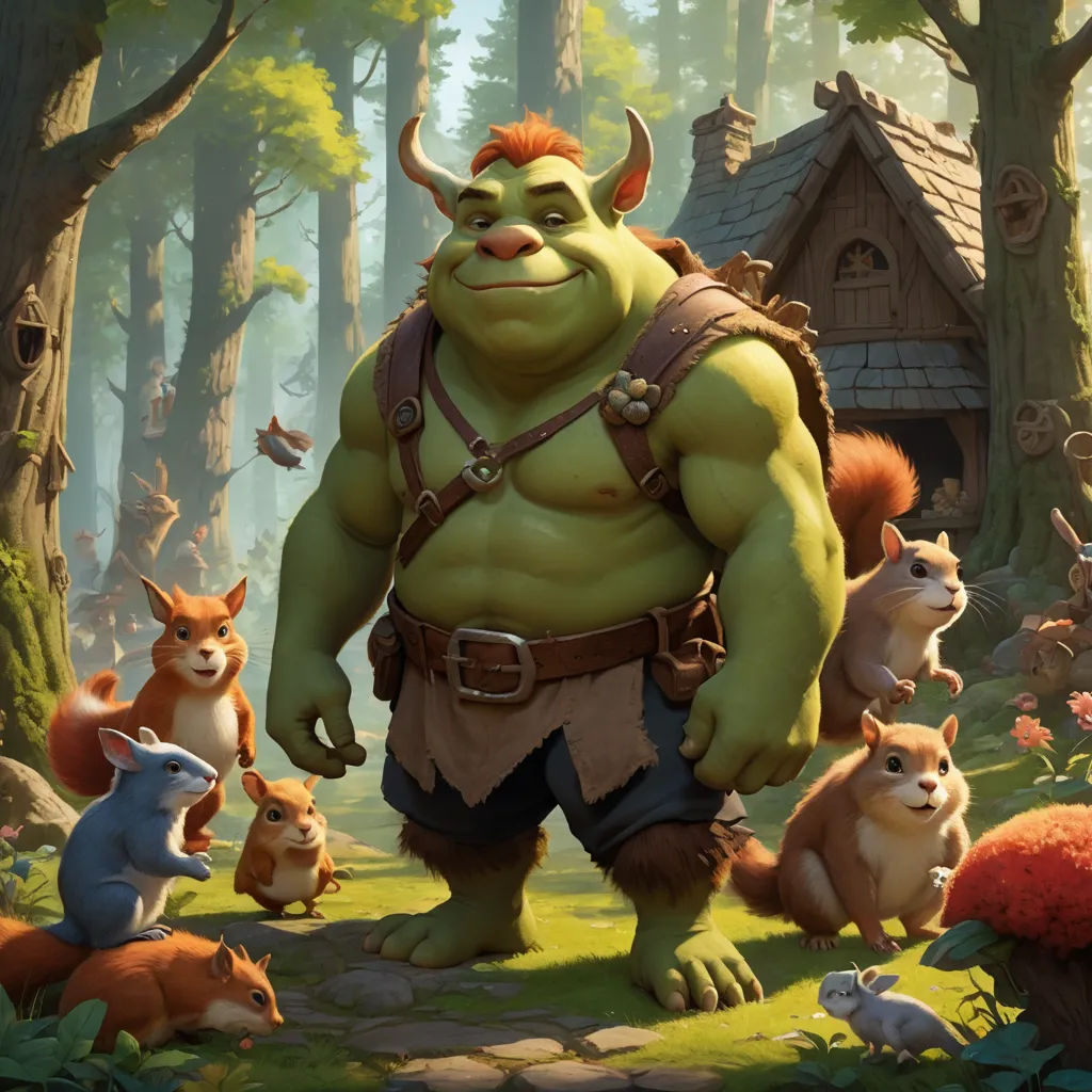 a cartoon character surrounded by animals in a forest with a hut in the background and a forest house in the background, furry art, concept art, Chris LaBrooy, rossdraws global illumination