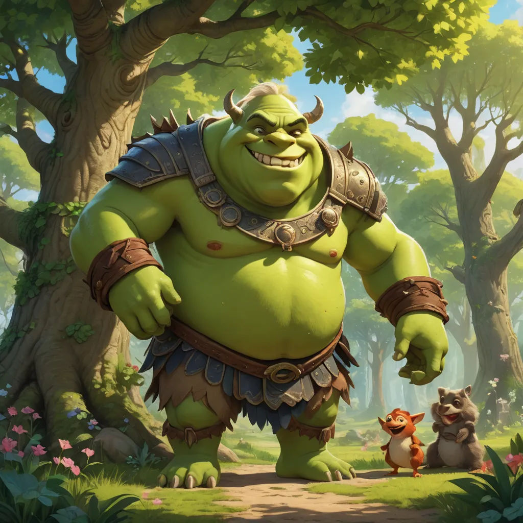 a cartoon character with a big green body and a horned head standing in a forest with a fox and a tree, sots art, concept art, Chris LaBrooy, rossdraws global illumination