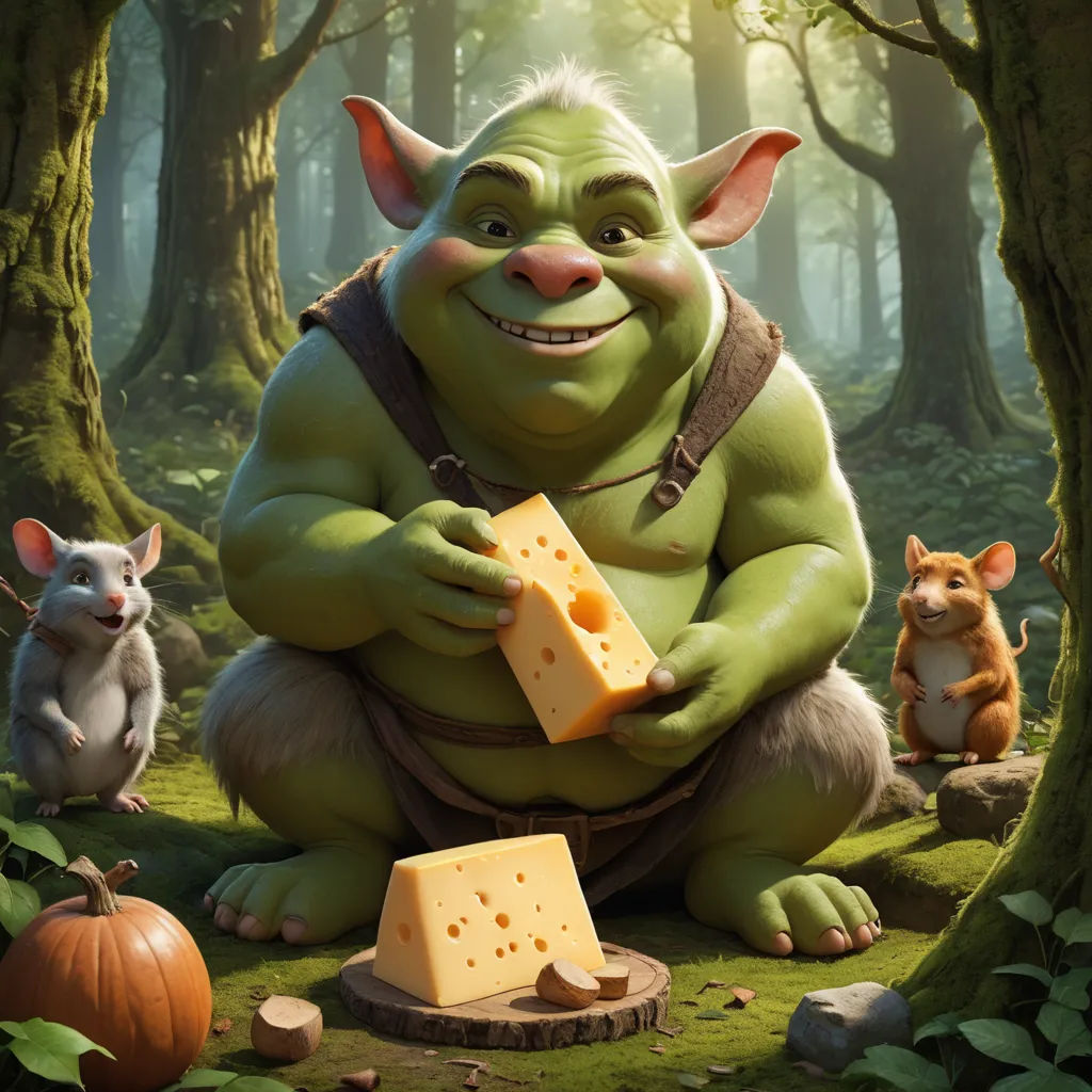 a cartoon character holding a cheese block and a mouse in a forest with trees and grass and a forest background, furry art, a 3D render, Chris LaBrooy, cgstudio