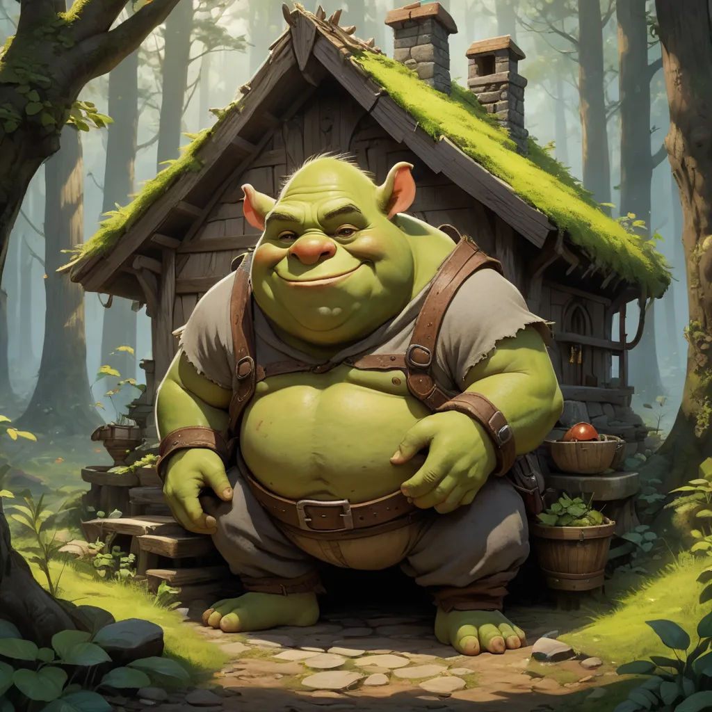 a cartoon character is standing in front of a small house in the woods with a green roof and a green grass roof, fantasy art, an ultrafine detailed painting, Alex Horley, magic the gathering artwork