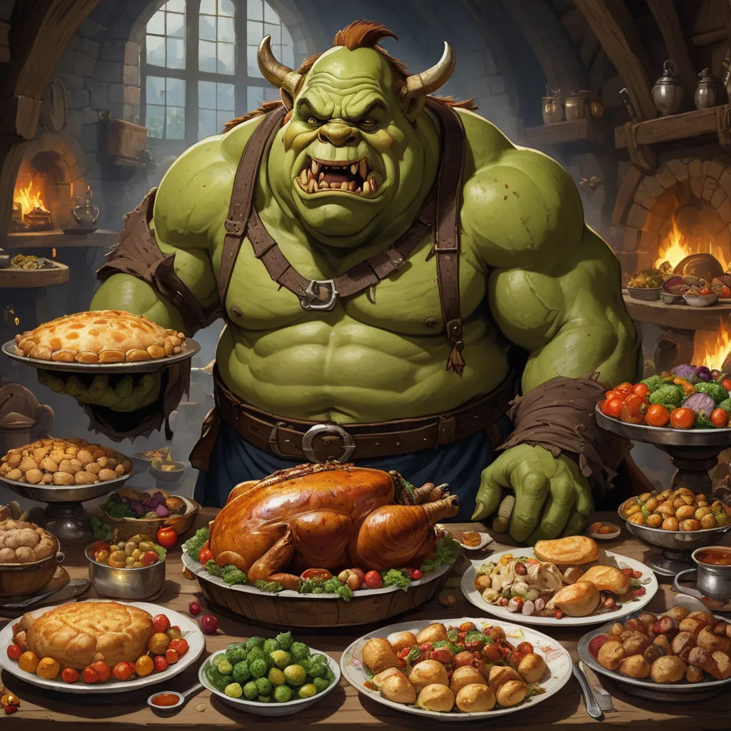 a painting of a man with a huge head and a huge body surrounded by food and a turkey on a table, fantasy art, computer graphics, Alex Horley, magic the gathering artwork
