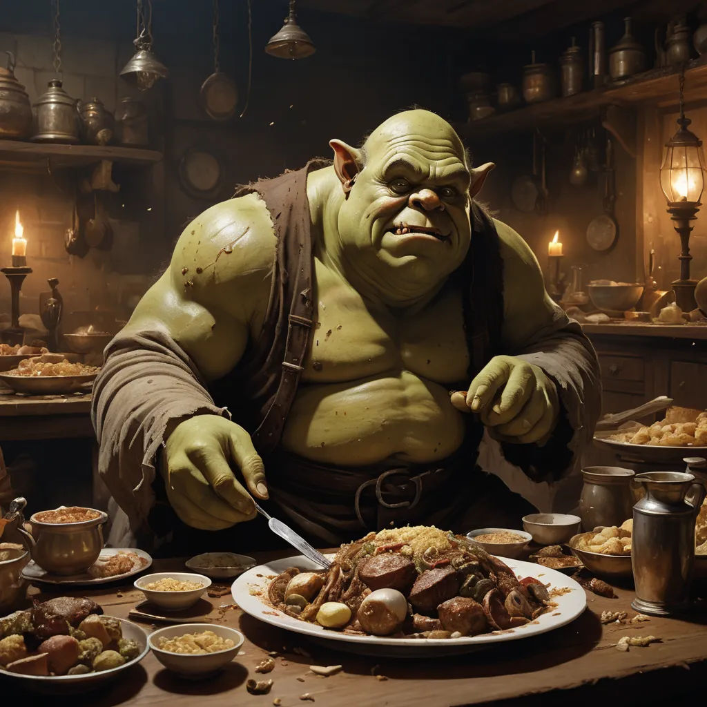a man in a costume is eating a meal at a table with many plates of food on it and a candle in the background, fantasy art, a detailed matte painting, Clint Cearley, magic the gathering artwork