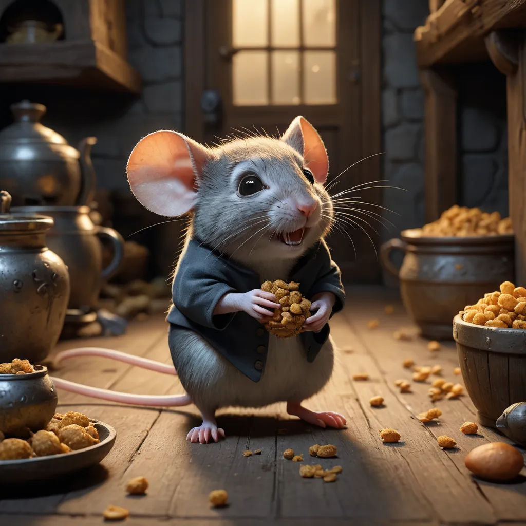 a mouse is eating a snack in a room full of food items and a teapot with a window, photorealism, a 3D render, Chris LaBrooy, cgstudio