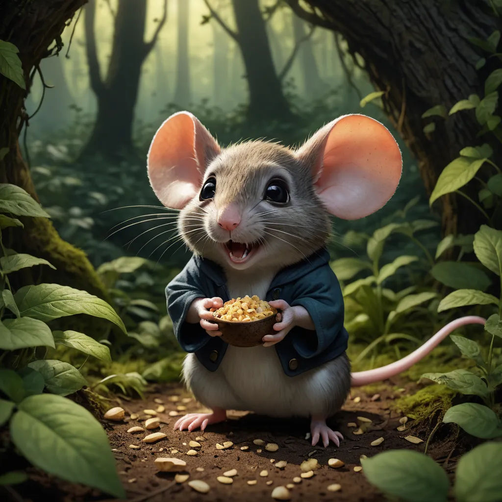 a mouse holding a bowl of food in a forest with trees and leaves around it, with a light shining on the mouse, fantasy art, a character portrait, Chris LaBrooy, highly detailed digital painting