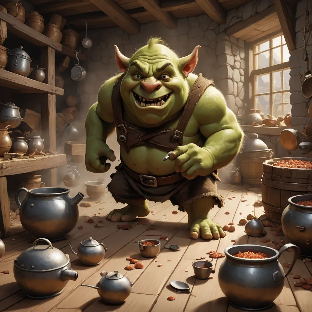 a cartoon character is surrounded by pots and pots of food and a kettle of tea and a kettle of tea, fantasy art, an ambient occlusion render, Alex Horley, hearthstone