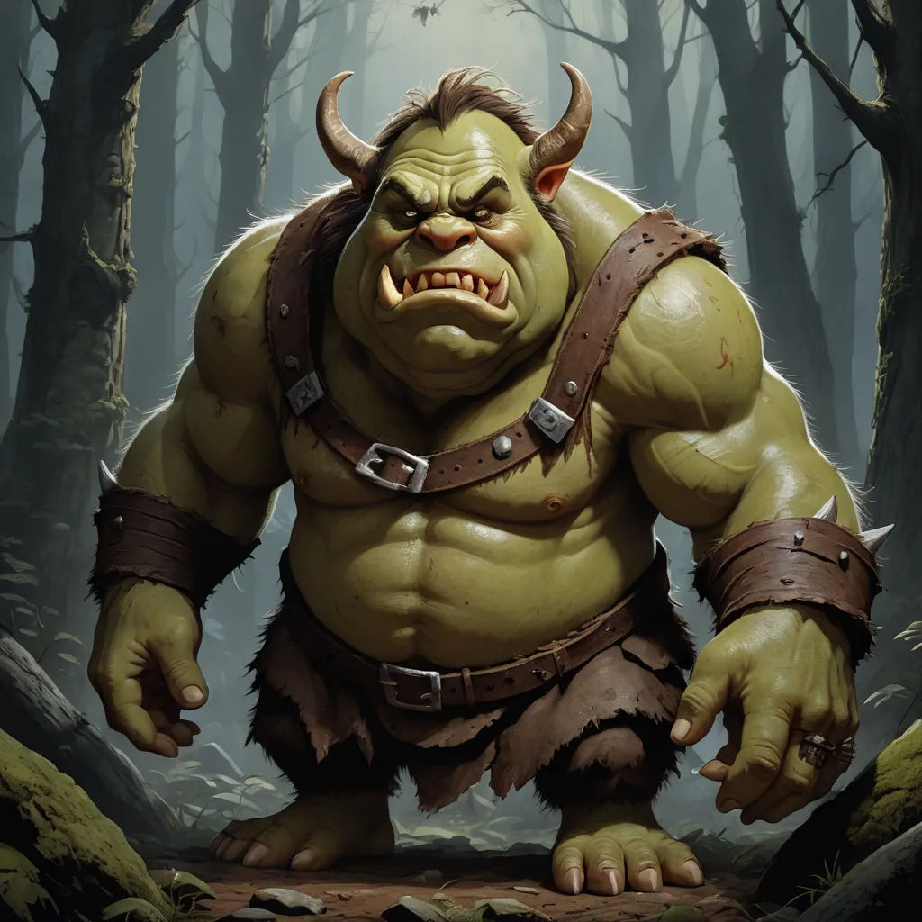 a cartoon character with a horned face and a leather belt on a path in a forest with trees and rocks, altermodern, an ultrafine detailed painting, Alex Horley, magic the gathering artwork