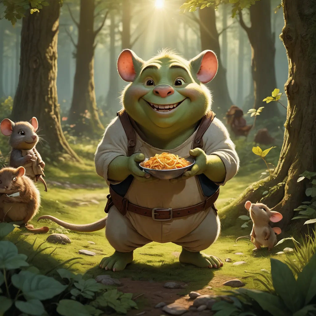 a cartoon character holding a plate of food in a forest with mice around him and a mouse in the background, furry art, a storybook illustration, Chris LaBrooy, rossdraws global illumination