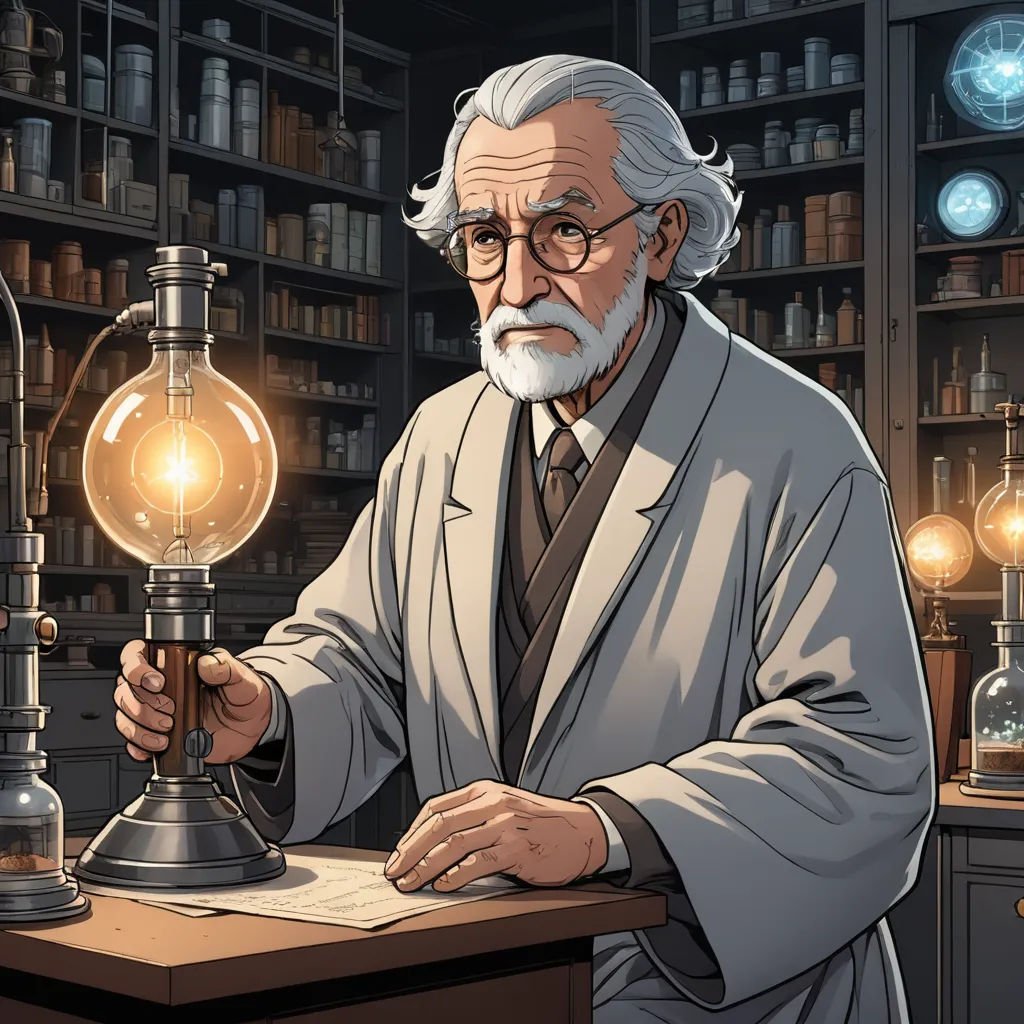 a man in a lab coat holding a light bulb and a paper with a book on it in front of a bookcase, rayonism, a character portrait, Edmond Xavier Kapp, official art