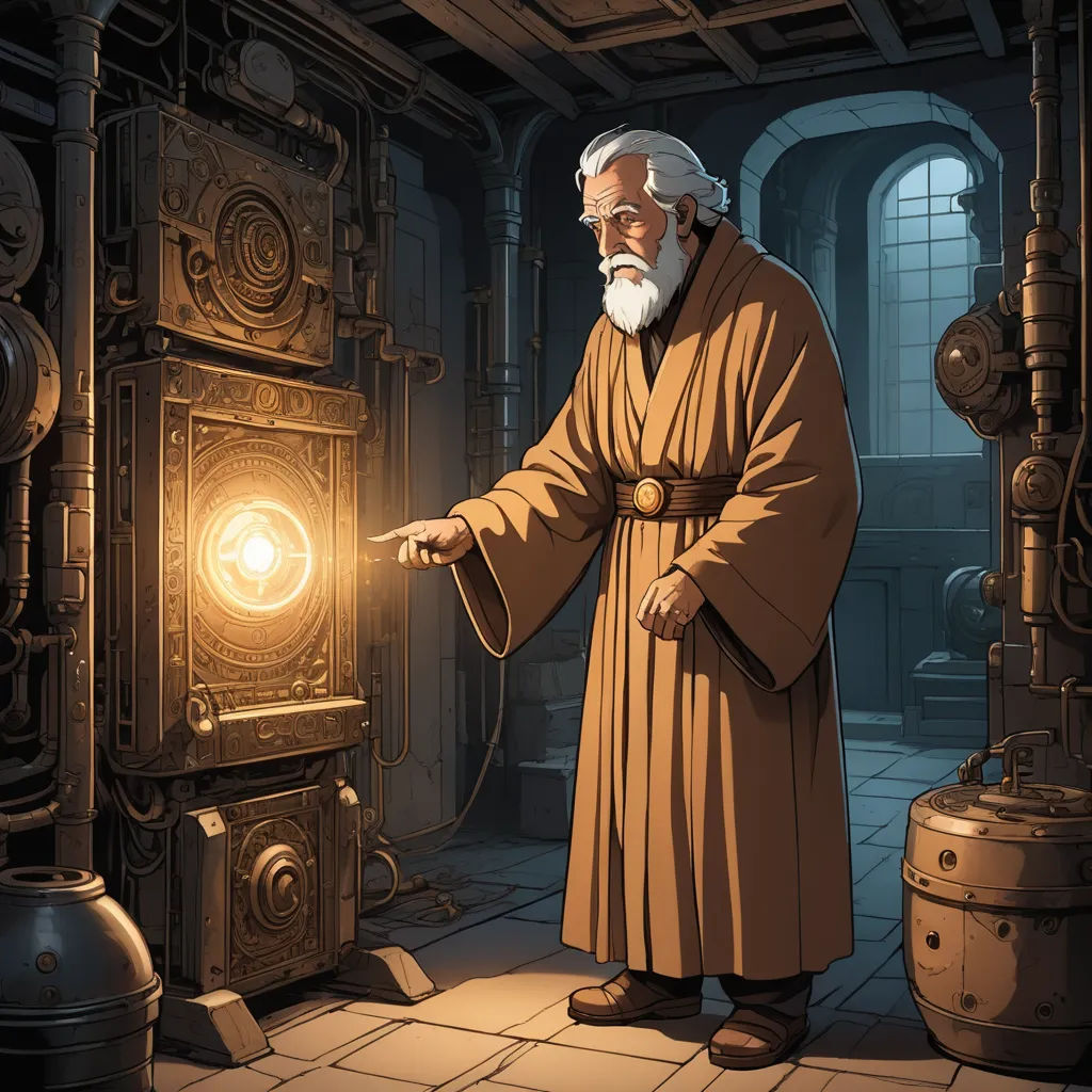 a man in a long robe standing in a room with a light in it's hand and a large metal object in the background, fantasy art, a storybook illustration, Cedric Peyravernay, official art