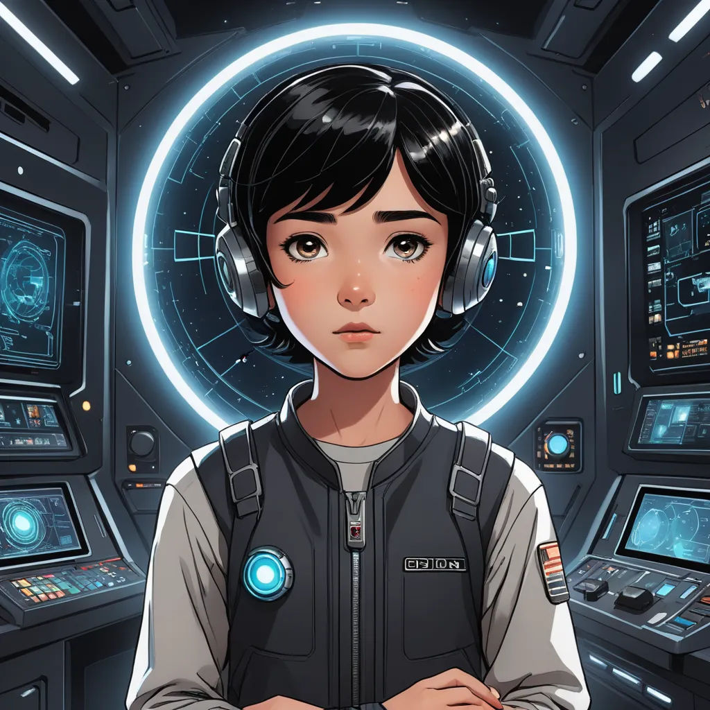 a girl in a space station with headphones on her ears and a futuristic background with a circular light, space art, a character portrait, Eve Ryder, comic cover art