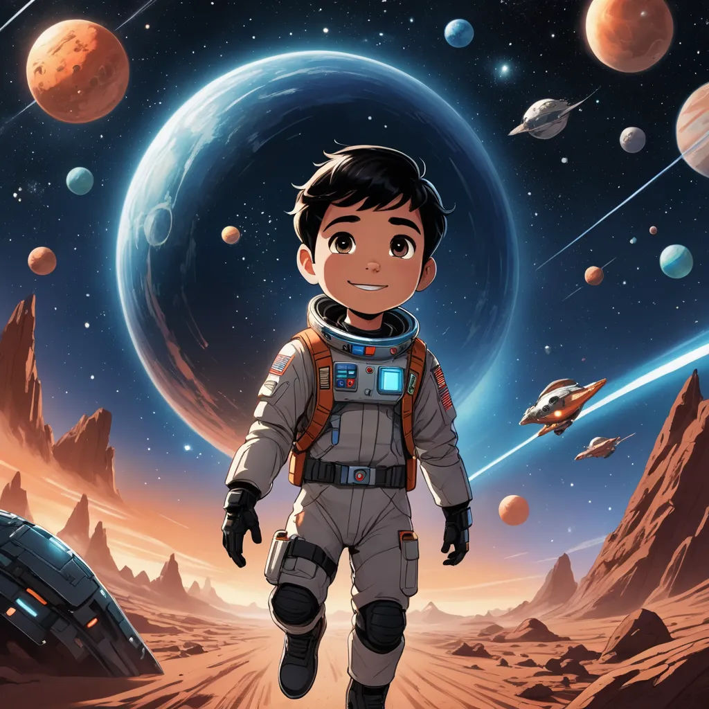 a boy in a space suit standing in front of a planet with a spaceship in the background and a spaceship in the sky, space art, a storybook illustration, Diego Gisbert Llorens, rossdraws global illumination