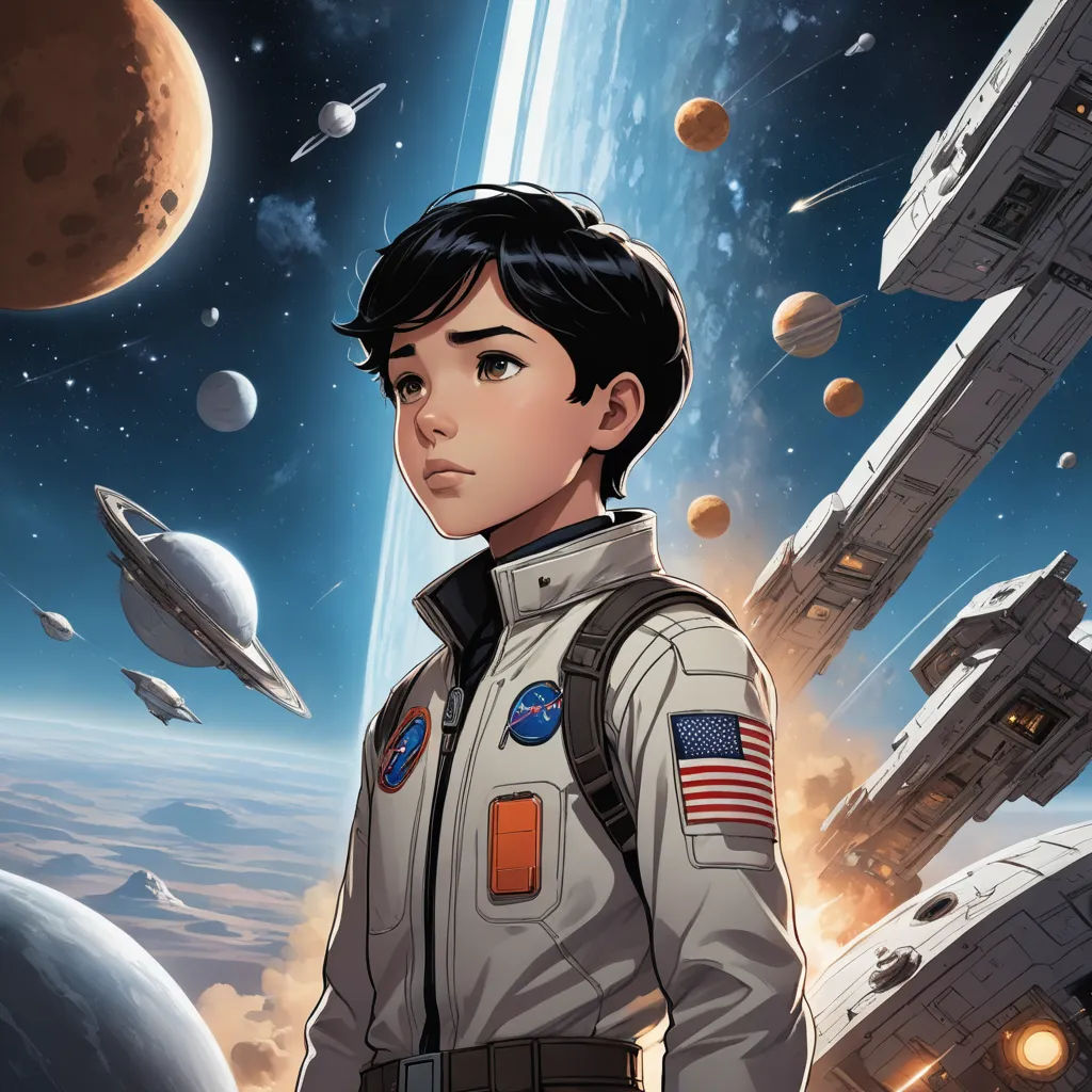a boy in a space suit standing in front of a space station with planets and stars in the background, space art, poster art, Aaron Jasinski, yukito kishiro