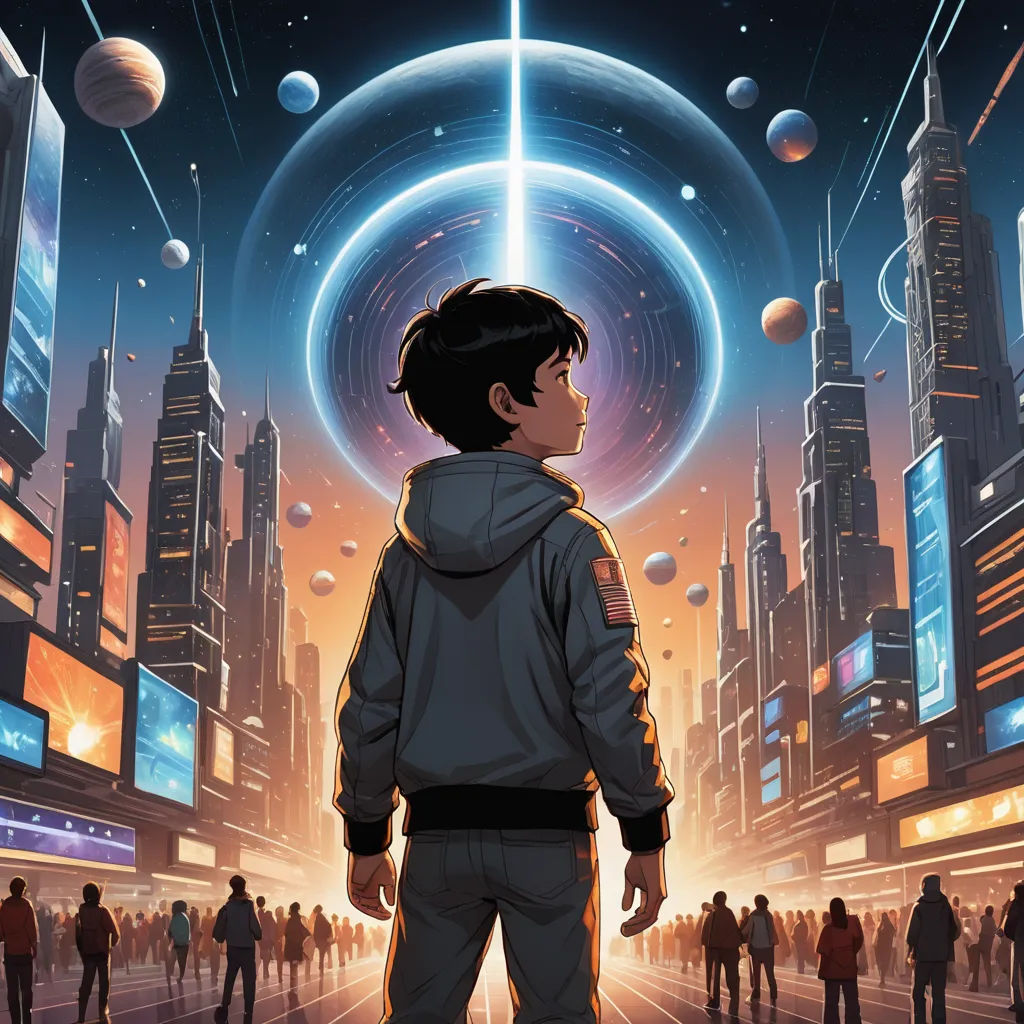 a man standing in front of a city with a futuristic background and a ring of lights above him that is surrounded by people, retrofuturism, poster art, Dan Mumford, key art