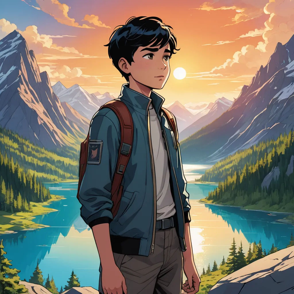 a man standing in front of a mountain lake with a backpack on his back and a sunset in the background, sots art, poster art, Dan Mumford, comic cover art