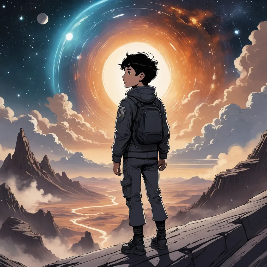 a boy standing on a cliff looking at the sky and stars in the sky above him, with a mountain in the background, space art, poster art, Amir Zand, comic cover art