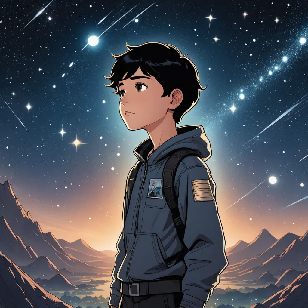 a boy in a space suit standing in front of a mountain and stars filled sky with stars in the sky, space art, poster art, Atey Ghailan, yukito kishiro