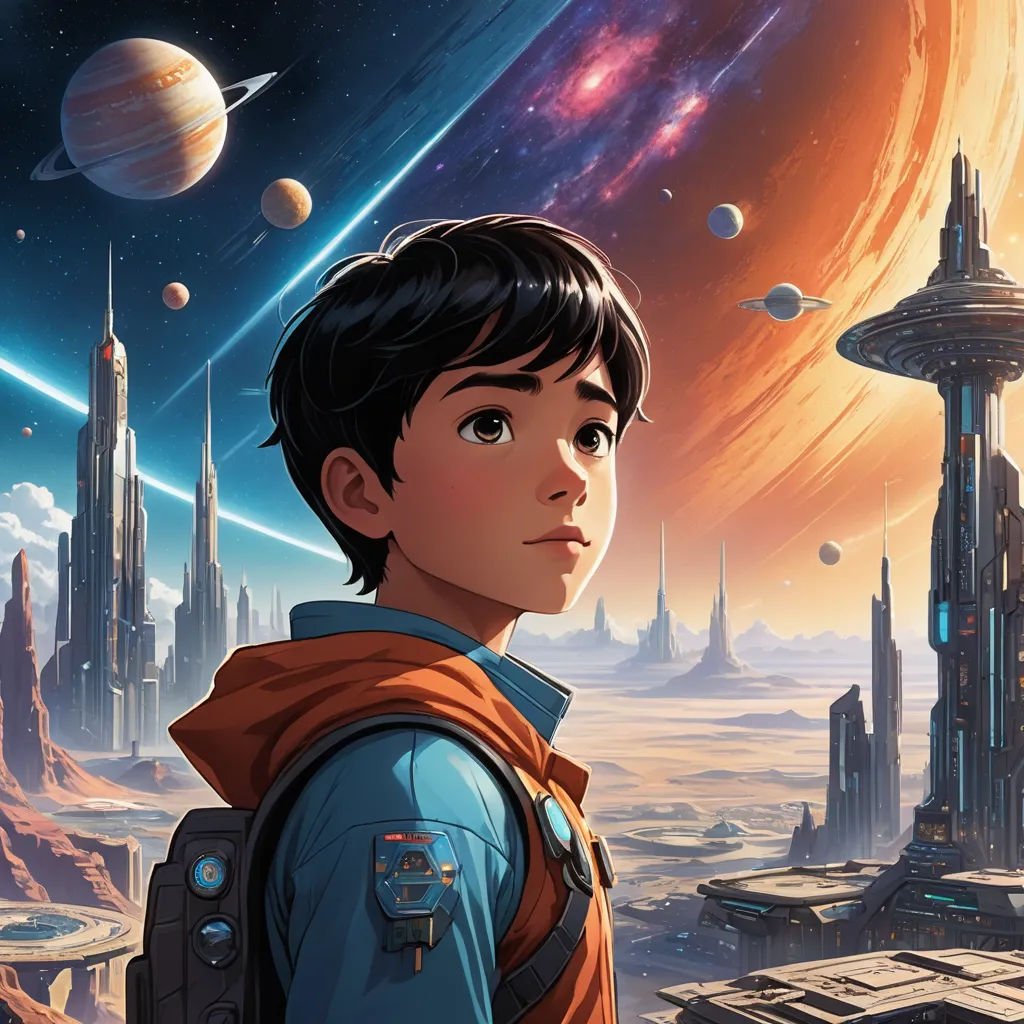 a boy in a space suit standing in front of a space station with a distant city in the background, space art, poster art, Aaron Jasinski, yukito kishiro