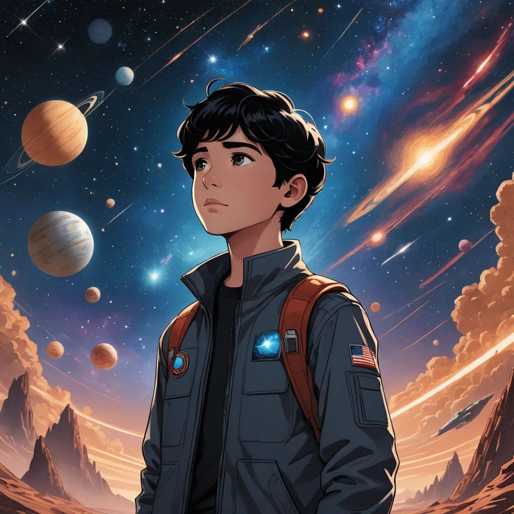 a young man standing in front of a space scene with planets and stars in the background, with a red backpack on his shoulder, space art, poster art, Aaron Jasinski, comic cover art