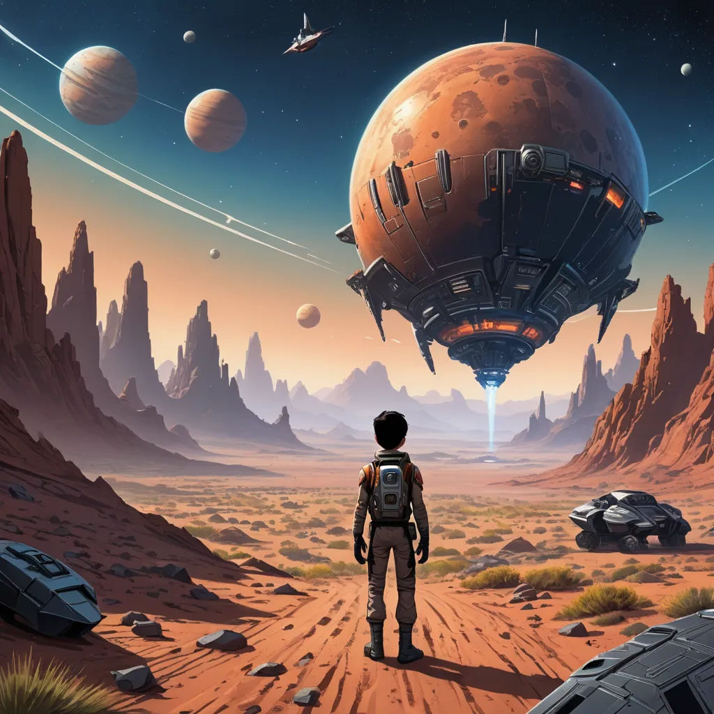 a man standing in a desert area with a spaceship in the background and planets in the sky above him, space art, a detailed matte painting, Dan Mumford, highly detailed digital painting