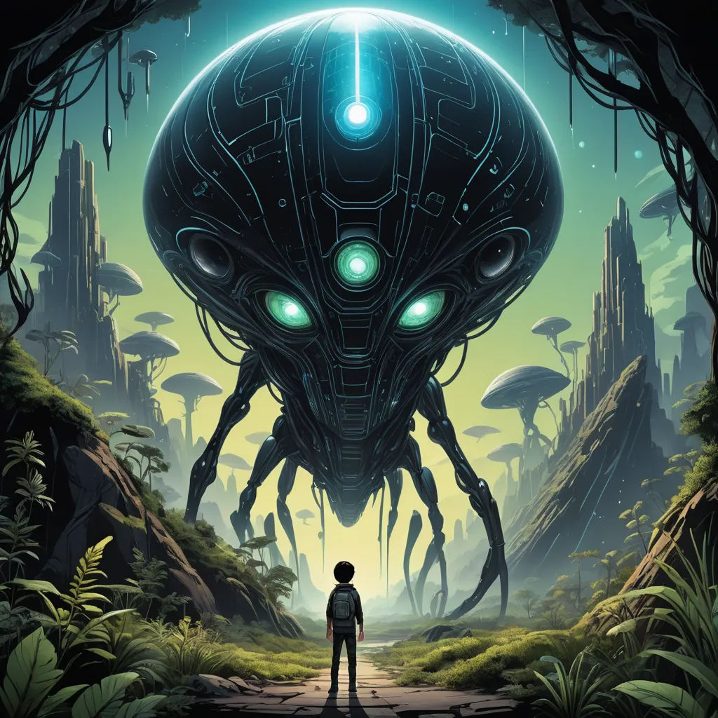 a man standing in front of a giant alien head in a forest with trees and plants on either side of him, sots art, concept art, Android Jones, biopunk