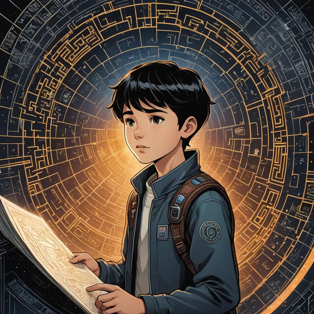 a boy is holding a book in front of a maze maze pattern and looking at it with a serious look, process art, poster art, Cedric Peyravernay, graphic novel