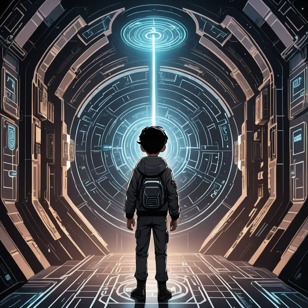 a boy in a space station looking at a light at the end of the tunnel with a beam coming out, rayonism, poster art, Dan Mumford, comic cover art