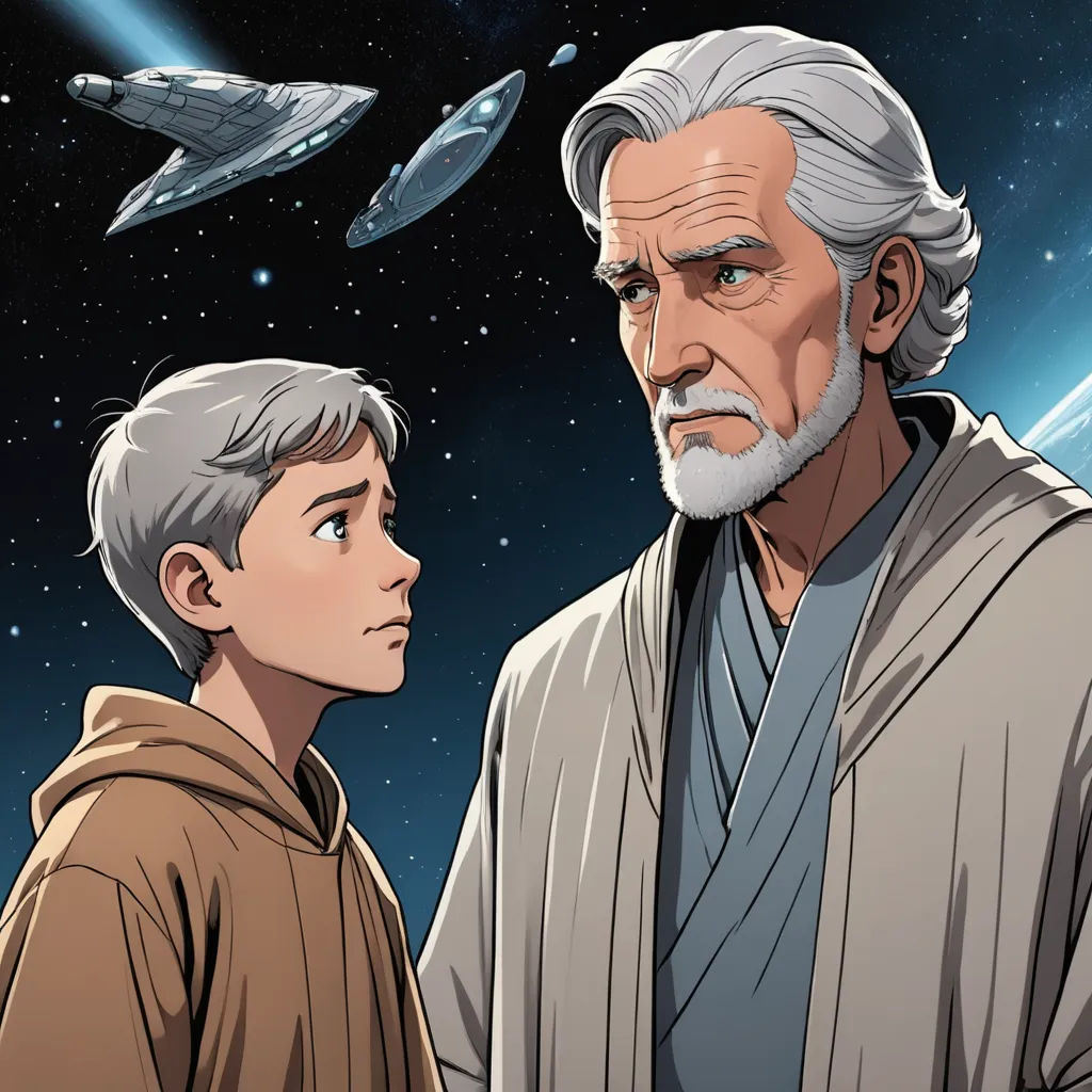 a cartoon of a man and a boy looking at each other in space with a spaceship in the background, sots art, a comic book panel, Drew Struzan, graphic novel
