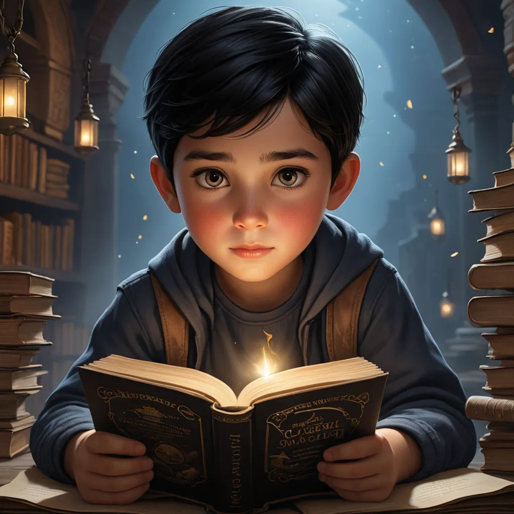 a boy reading a book in a library with a candle in his hand and a book in his lap, fantasy art, a storybook illustration, Alejandro Burdisio, rossdraws global illumination