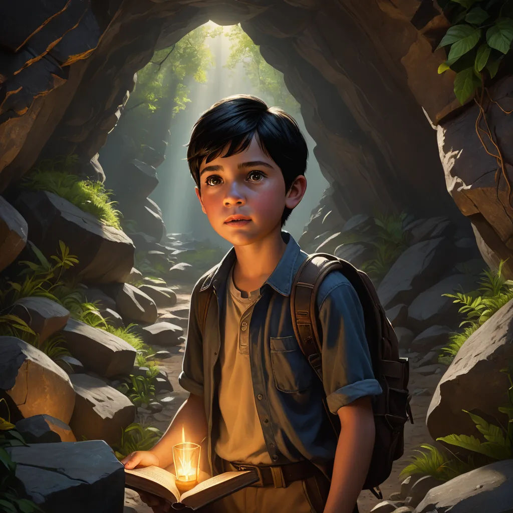 a boy holding a book in a cave with a light in it's hand and a flashlight in his hand, fantasy art, a storybook illustration, Aaron Jasinski, rossdraws global illumination