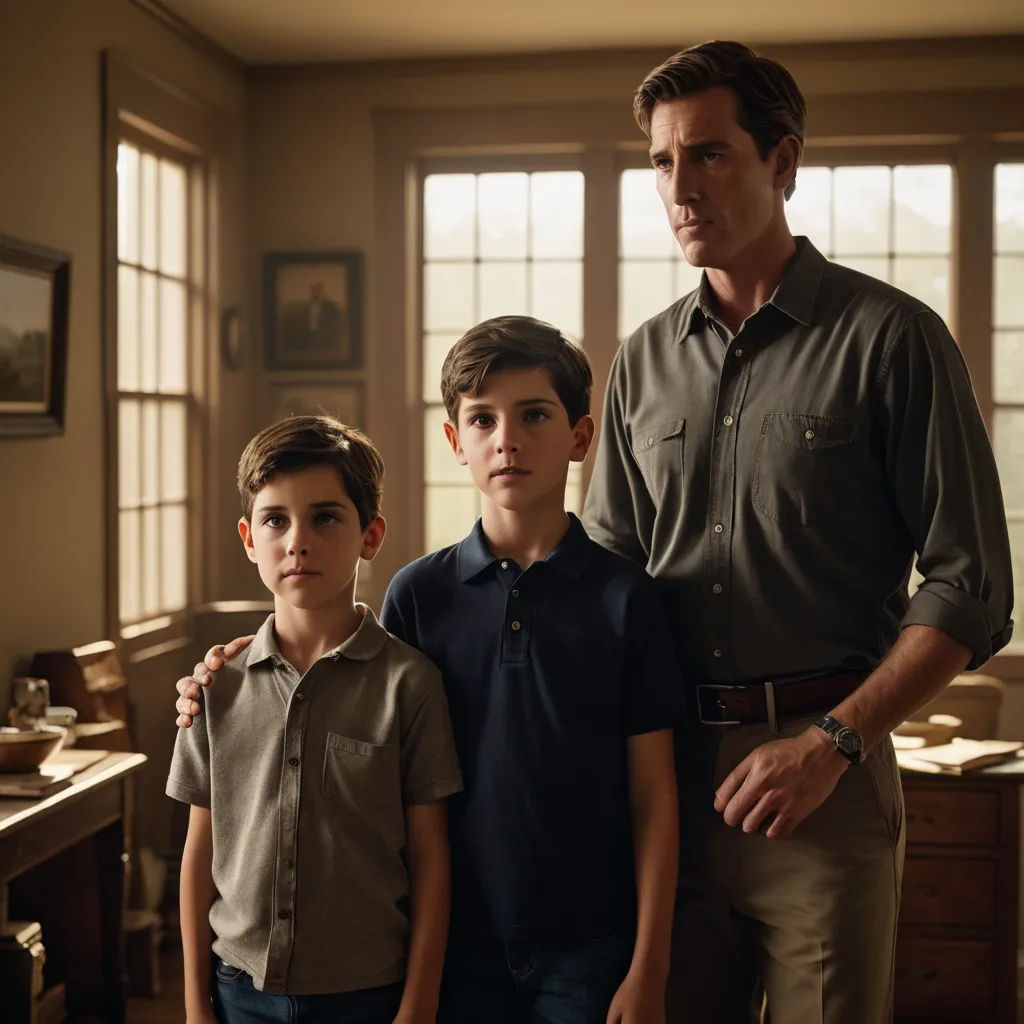 a man and two boys standing in a room with a desk and a window in the background and a picture on the wall, american realism, a poster, Everett Warner, promotional image
